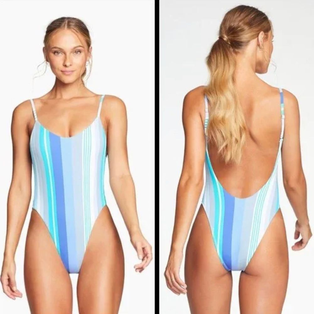 Vitamin A Yasmeen Aquazul Stripe One Piece Swimsuit High Leg Cheeky NWT XS